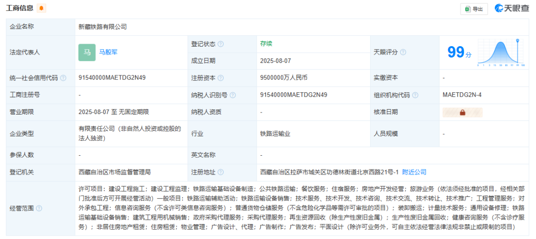 新藏鐵路公司成立，注冊資本950億元